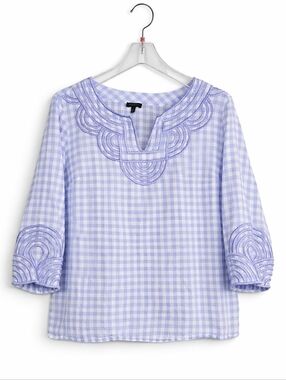 Talbots Soft Periwinkle Lavender Gingham Check Embroidered Cottagecore Blouse